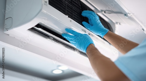 The air conditioner technician repairing indoor wall-mounted split AC unit with blue gloves