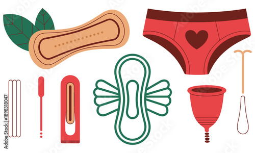 Collection of feminine hygiene products including pads tampons menstrual cups and period underwear for managing menstruation comfortably and sustainably with various accessories for different needs.
