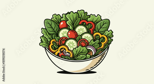 An illustration of a salad with lettuce, tomatoes, peppers, cucumbers, and red onion in a white bowl. Ideal for food blogs, menus, and health campaigns.