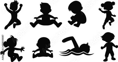 Optimized Title Set of adorable black silhouettes of young children and toddlers engaged in playful activities including jumping, sitting, swimming, and waving, isolated on white