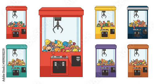 Row of colorful arcade claw crane machines in various colors like red and yellow, filled with a variety of plush toy prizes.