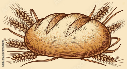 Illustrated woodcut style loaf of bread surrounded by wheat sheaves.  Vintage or retro aesthetic. Great for bakery, agriculture, or food product branding.