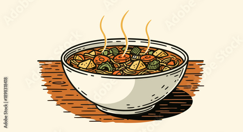 Cartoon illustration of a steaming bowl of vegetable soup. Fresh and tasty, ideal for food blogs, restaurant menus, or promotional content related to healthy meals.