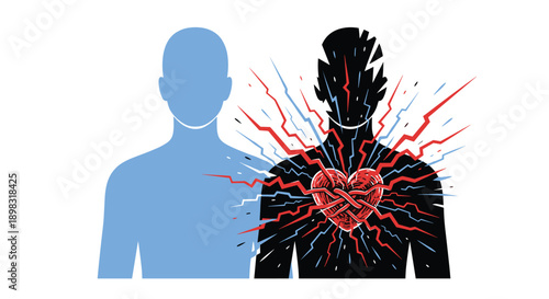 Conceptual illustration of two human figures representing external calmness versus internal emotional turmoil with a glowing red heart.