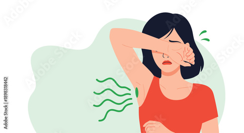 Embarrassed woman covering her face with her arm while green wavy lines indicate unpleasant body odor from her underarm.