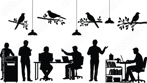 Silhouette of diverse professional office team working together in modern creative workspace with decorative nature elements bird wall art and contemporary pendant lighting fixtures