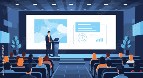 Speaker giving a business presentation on a large stage in a modern auditorium filled with an attentive audience.