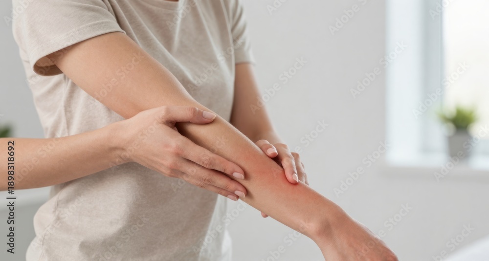 Fototapeta premium Individual examines a skin rash, potentially due to allergies or eczema, seeking relief and healthcare