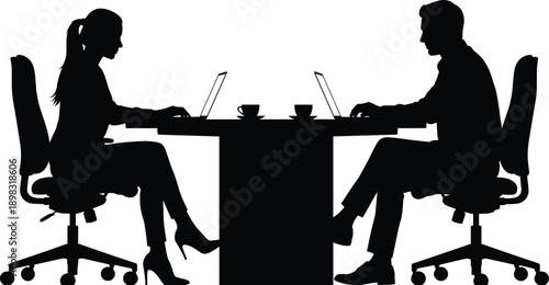 Silhouette of professional male and female colleagues working on laptops at a modern office desk with coffee cups, representing teamwork, remote work, and corporate collaboration