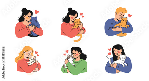 Collection of diverse people happily embracing and hugging their pet cats of various colors and breeds in a set.