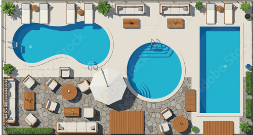 Top view 2D architectural site plan of a luxury backyard featuring multiple swimming pools, sun loungers, outdoor lounge furniture, stone paving, and professional patio landscaping