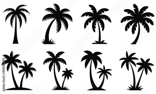 Collection of black silhouetted palm trees in various poses and groupings against a clean white background, ideal for tropical designs, summer themes, and serene landscapes, perfect for graphic design