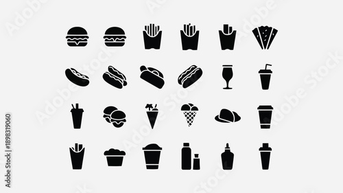 A collection of simple black silhouette icons depicting various foods and beverages