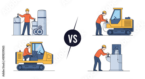 Comparison of industrial workers operating heavy factory machinery and driving large construction equipment vehicles.