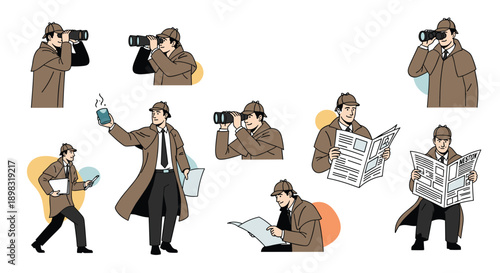 Set of detective illustrations showing a character in a trench coat using binoculars and reading newspapers.