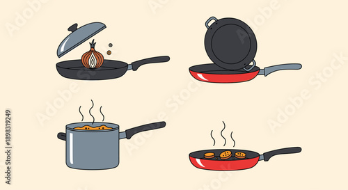 Selection of various cooking pots and pans including a frying pan with onions and another with cooking food.