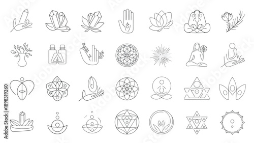Collection of minimalist line art icons depicting spiritual mystical and natural elements