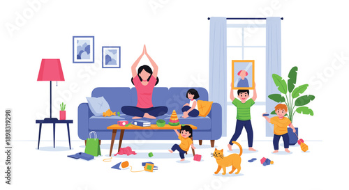 Stressful household scene with a mother trying to meditate on a sofa while her young children play and make a mess.