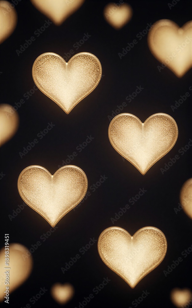 Fototapeta premium Golden hearts float softly against dark background, glowing warmly and gently.