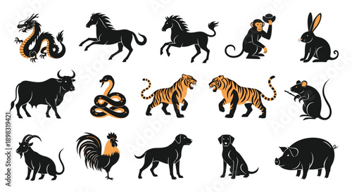Complete set of Chinese zodiac animal silhouettes in black and orange colors including dragon tiger and horse.