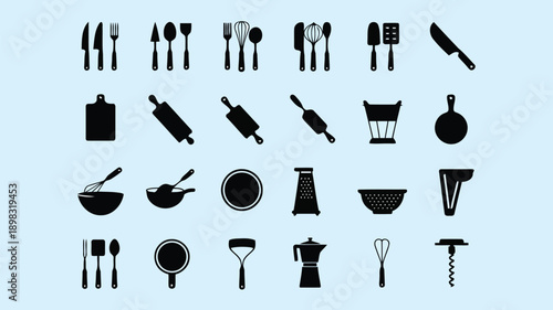 Minimalist black silhouettes depict various kitchen utensils and cookware on a light blue background