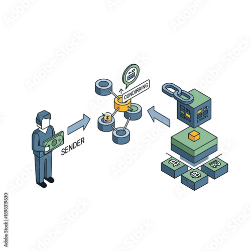 Illustration of Blockchain Technology and Cryptocurrency Transaction Process.