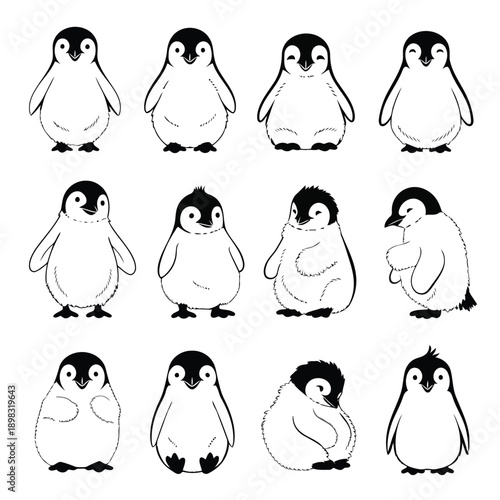 A collection of adorable penguin illustrations all in black and white line art style