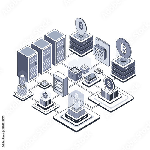 Isometric illustration of cryptocurrency and blockchain technology infrastructure.