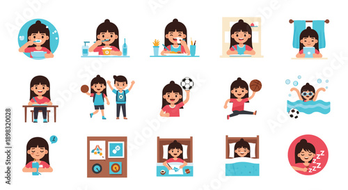 Daily routine illustrations of a young girl showing activities like eating studying playing sports and sleeping.