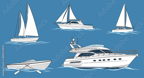 Assorted collection of white sailing boats a motor yacht and a small rowing boat floating on blue ocean water.