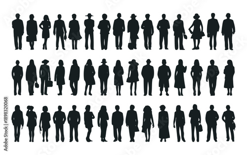 A large group of silhouetted people are arranged in multiple rows facing forward