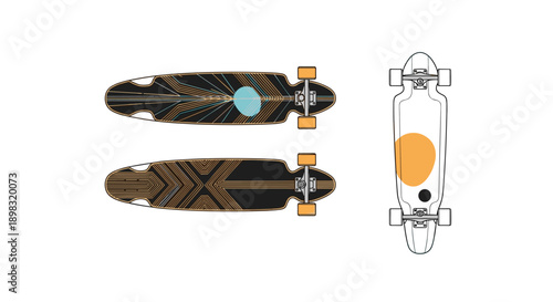 Detailed illustrations of two longboards and a skateboard showing their deck designs with graphic patterns.