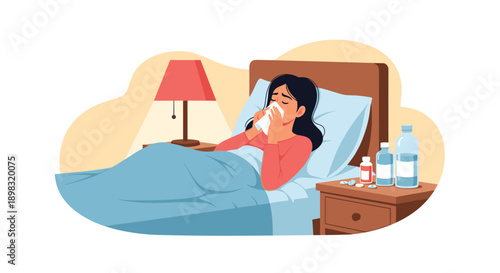 Sick young woman resting in her bed and blowing her nose with a tissue surrounded by medicine and water.