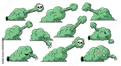 Collection of green toxic smoke clouds with skull and crossbones symbols representing poisonous gas fumes.