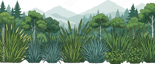 Realistic grass panoramic green forest and mountain scene with trees and grass. vector art white background