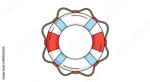 Illustration of a classic red and white lifebuoy with a rope around it for water safety and rescue operations.