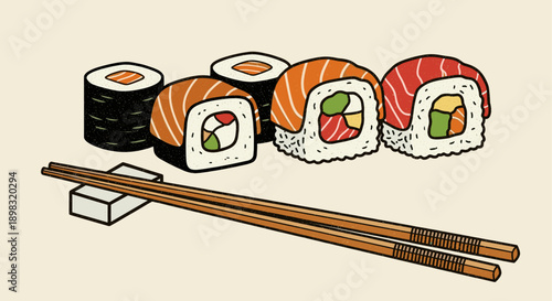 Whimsical vector illustration of sushi rolls, featuring salmon and various fillings, accompanied by chopsticks on a holder. Ideal for food blogs, menus, and creative design projects.