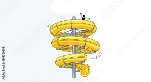 Large yellow spiral water slide with a small person at the top ready to slide down into a swimming pool.
