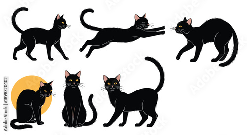 Set of six black cat illustrations in various poses like walking jumping stretching and sitting on a background.