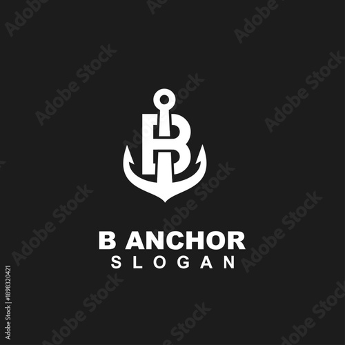 B Anchor Logo Design with Letter B Integrated into a Stylized Ship Anchor Symbol on Black Background