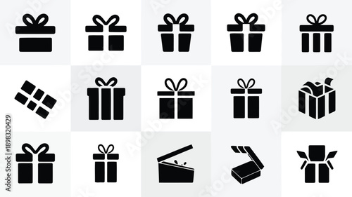 A collection of black silhouette gift box icons arranged in a grid pattern