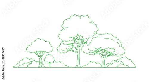A continuous line drawing of trees set against a white backdrop. It's all about the environment. Nature vector art.
