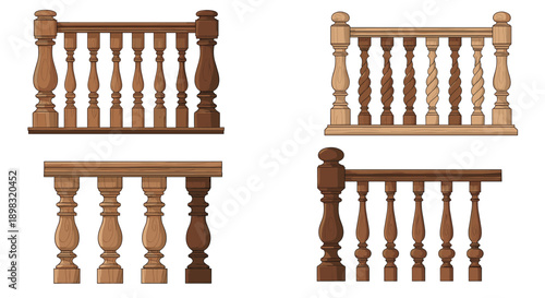 Collection of four wooden balustrade sections with different spindle designs for stairs and balcony railings.