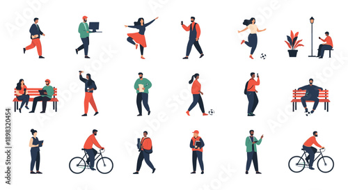 Set of diverse people engaged in various activities like walking cycling playing soccer and sitting on a bench.