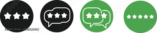 Art & Illustration“Flat Vector Rating and Review Icons with Stars and Speech Bubbles in Black and Green Circles for Customer Feedback, User Experience, and Testimonials”