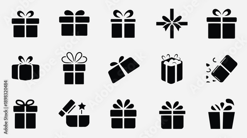Collection of black gift box icons with various ribbons and decorative elements displayed