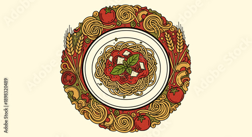 Illustration of a spaghetti plate with tomato sauce and basil, framed by a decorative wreath of pasta shapes, tomatoes, and wheat. Use for menu design, food blogs, or restaurant advertising.