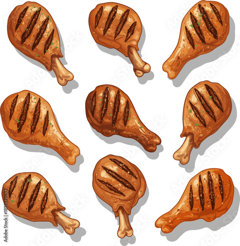 seamless pattern with different kinds of meatkinds of deferent realistic Tasty grilled chicken legs set. Drumsticks , top view. BBQ food. Fast food. vector art white background..