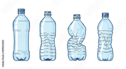 Sequence of four blue plastic water bottles showing different stages of use from completely full to crushed for environmental recycling.