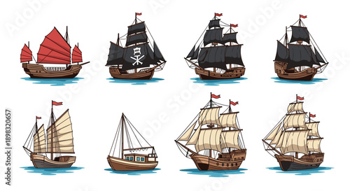 Extensive collection of vintage sailing ships including wooden pirate galleons, traditional Chinese junk boats, and historic marine vessels.